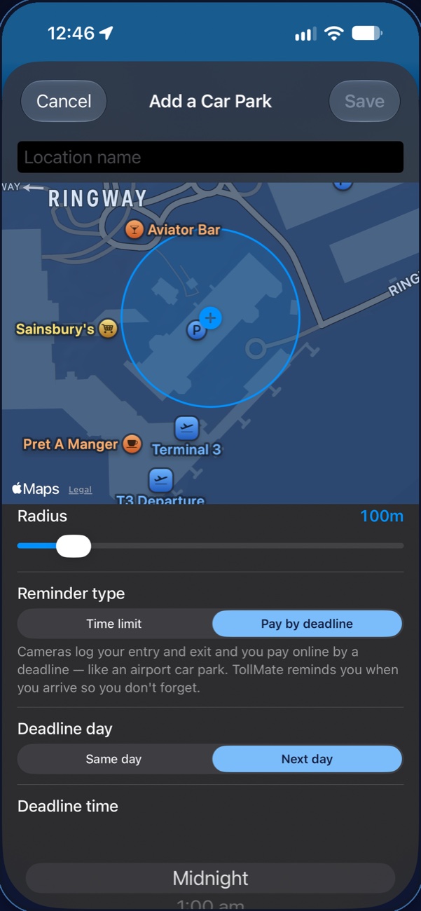 TollMate's Add a Car Park screen: a name field, a map with a blue crosshair and a blue circle around an airport car park, a Radius slider set to 100 metres, and the reminder type set to Pay by deadline.